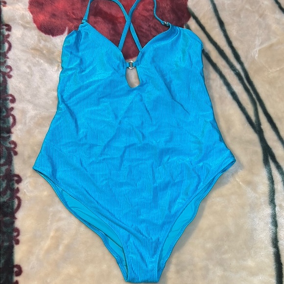 Turquoise Blue One Piece Swimsuit with Plunging Neckline and Cross Back - Picture 1 of 3